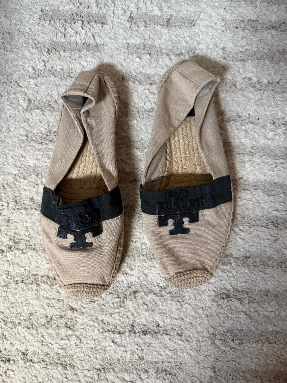 Tory Burch Beige Canvas Espadrille Flats with Black Logo Band